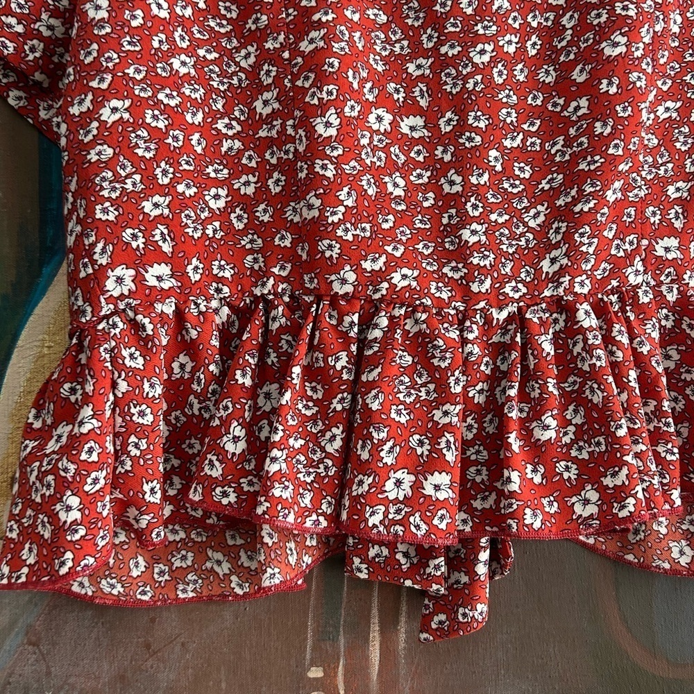 SHEIN Red Floral Tie Front Peplum Blouse Women’s Boho Cottagecore Crop Top - Picture 7 of 15